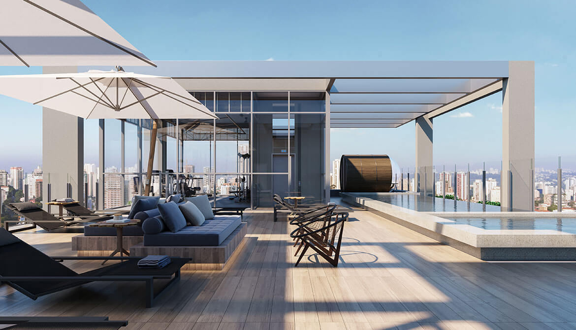 Rooftop com Piscina e Solarium - Perspectiva ilustrada